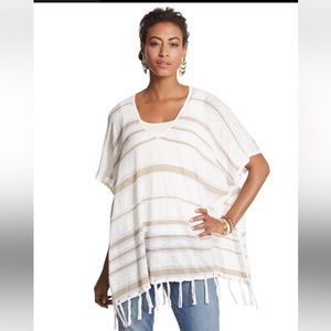 CHICO’S Empire Stripe Maureen Poncho Vneck white/metallic gold stripe L/XL